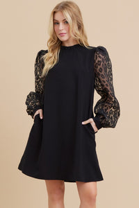 Mix-Fabric Frilled Neck Dress with Pockets