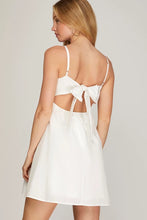 White PLEATED CUT OUT BACK WOVEN DRESS WITH BACK TIE DETAIL