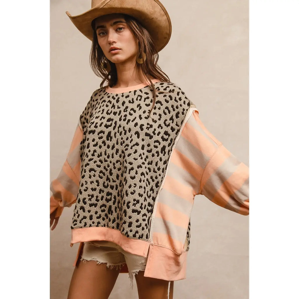 Leopard and peach Stripe Mixed Top