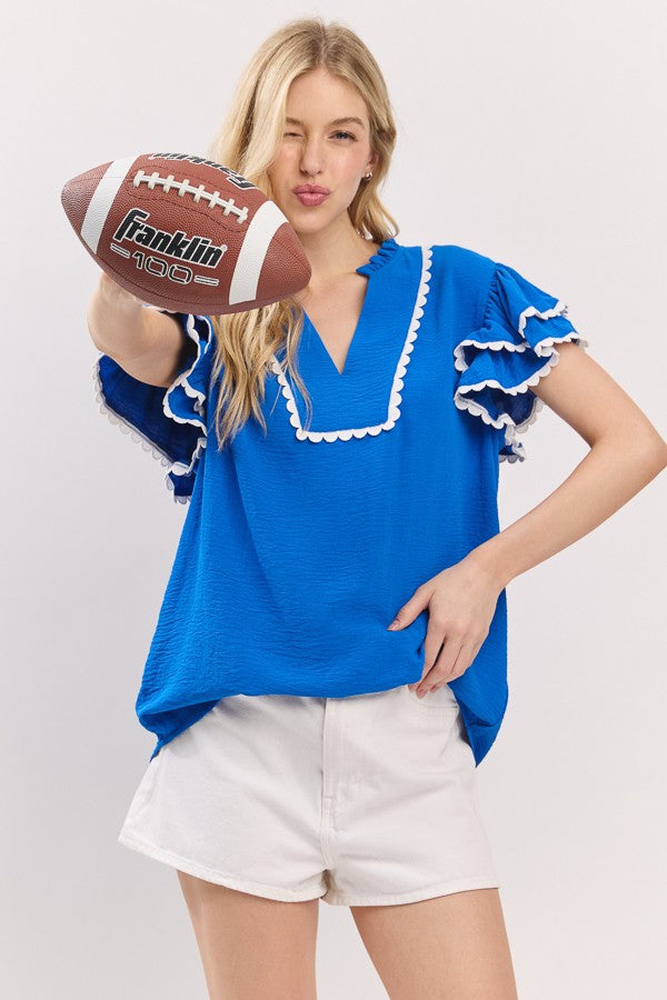 Game Day Ruffle Sleeve Scallop Trim Top