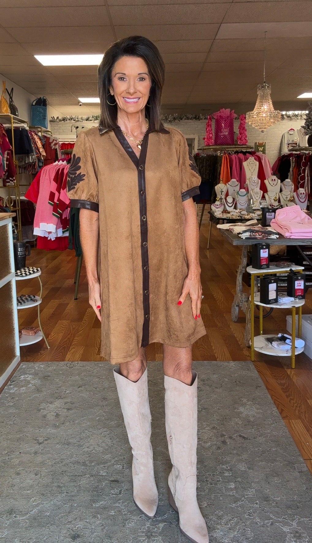 Tan dress. Brown leather detail