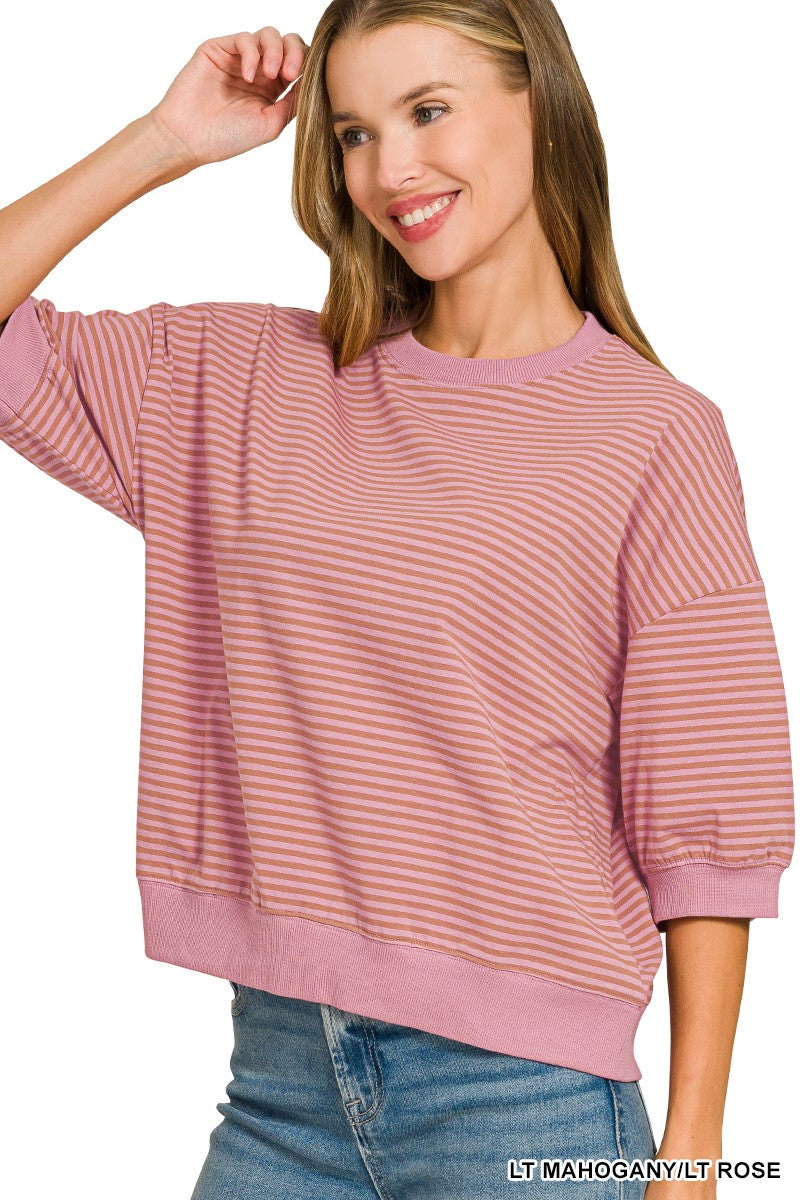 Striped Contrast Trim Rib Banded Top-great fit- best seller