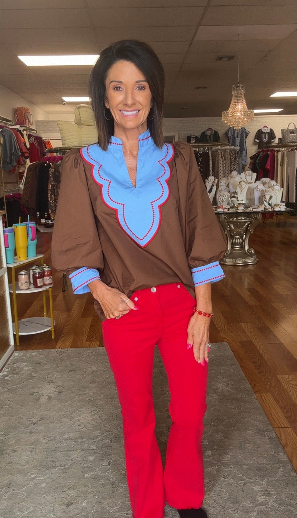 Brown Embroidery Accent Color Blocked Blouse