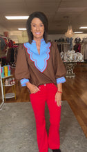 Brown Embroidery Accent Color Blocked Blouse