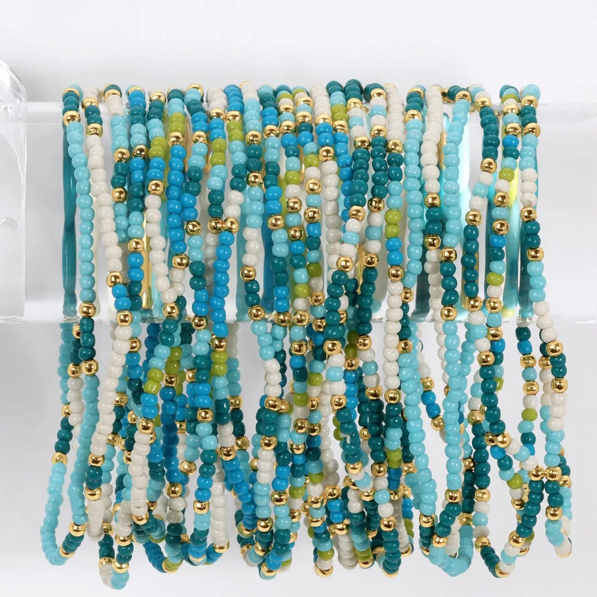 Blues/ green /white Assorted 2mm Stretch Seed Bead Bracelets