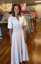 SHORT SLEEVE SMOCKED WAIST FRONT ZIP STRIPED MIDI DRESS WITH POCKETS