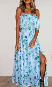 Floral Print Ruffled Side Slit Tube Top Maxi Dress