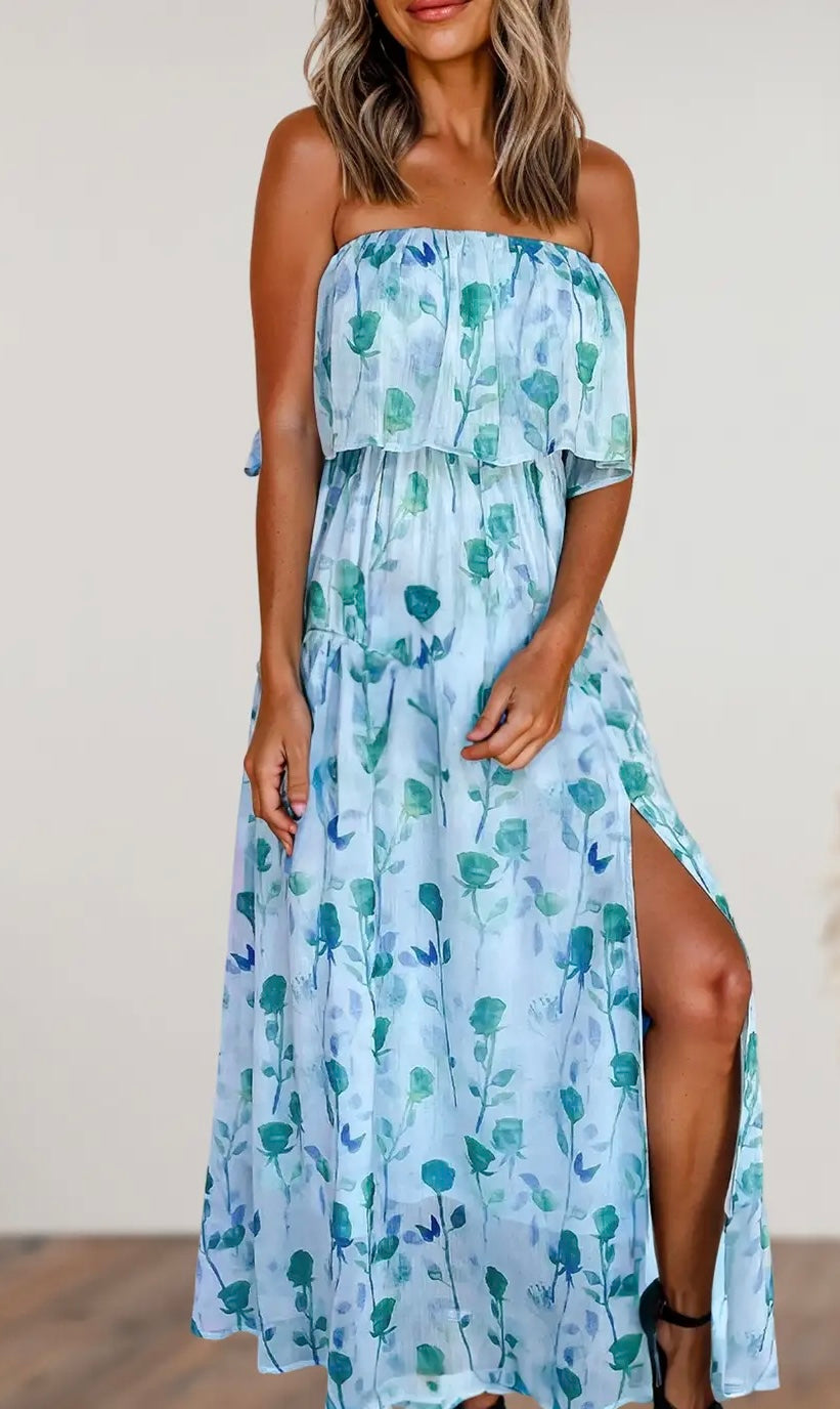 Floral Print Ruffled Side Slit Tube Top Maxi Dress