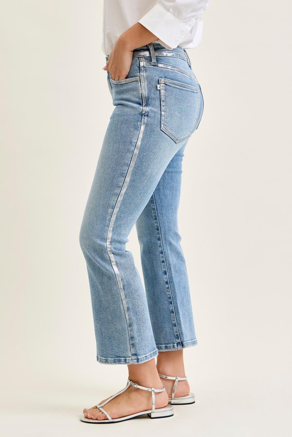 Judy blues metallic Mid rise kick flare  foiled seams