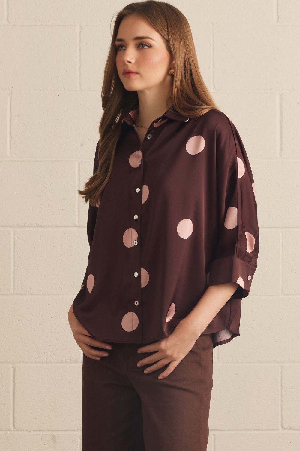 Burgundy top pink polka dot