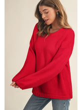 Red Bow Backless Crewneck Bubble Sleeve Sweater