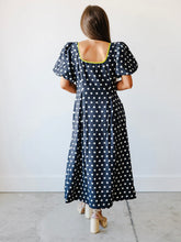 Blue Polka dot short puff sleeve midi dress