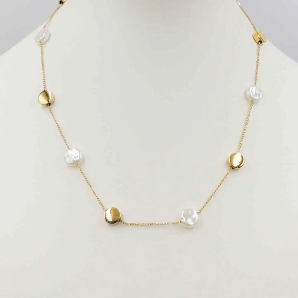 Stainless Steel Flat Pearl and Gold 16"-18" Necklace