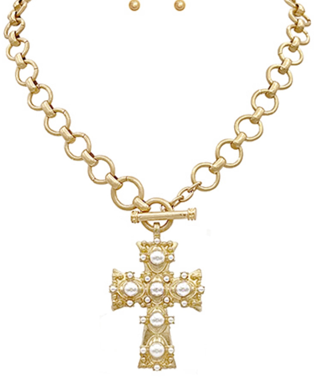 Pearl Studded Cross Necklace Set
* Metal
* Faux Pearl
* Lobster Clasp / Toggle Closure
* 16
