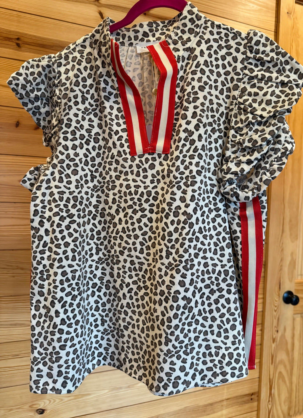 Leopard top/red trim