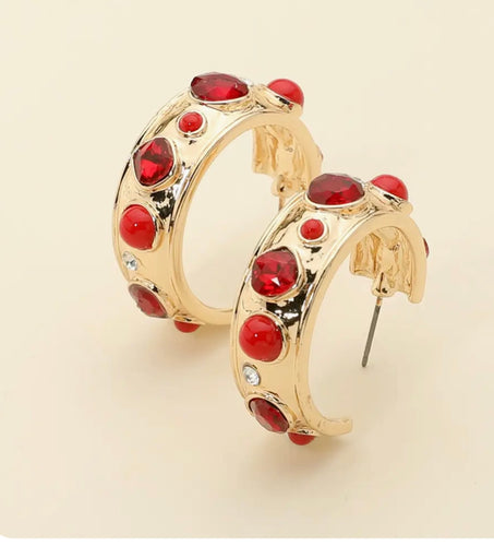 Mixed Stone Pearl Embellished Hoop Earrings