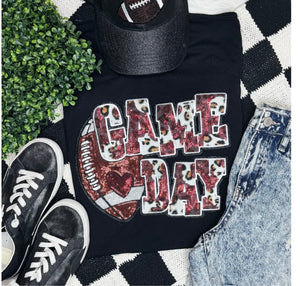 Maroon football leopard and sequin tee