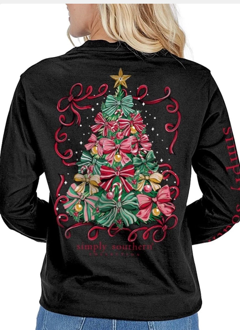 SIMPLY SOUTHERN WOMEN'S CHRISTMAS TREE LONG SLEEVE TEE-black