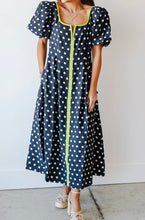 Blue Polka dot short puff sleeve midi dress