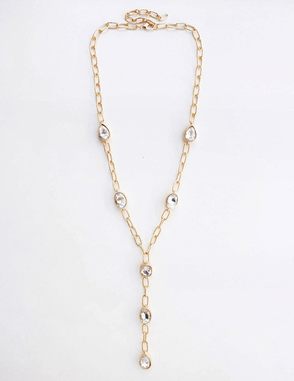 Gold Chain with Open Clear Crystal Oval Y Drop Necklace