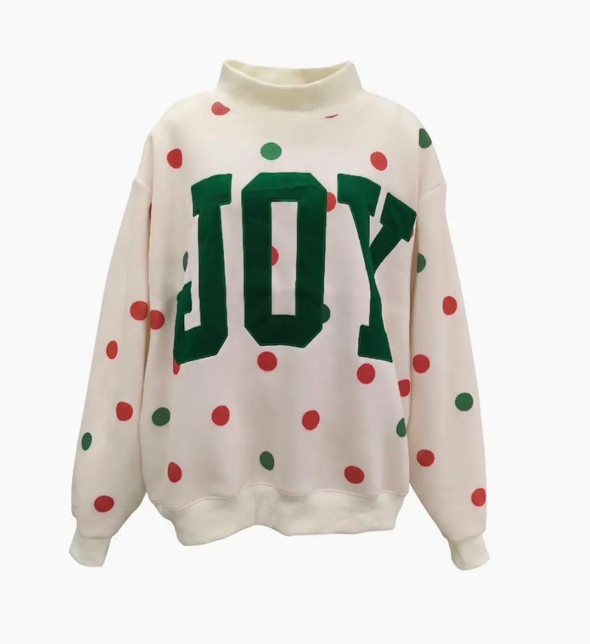 Joy appliqué patch polka dot mockneck sweatshirt