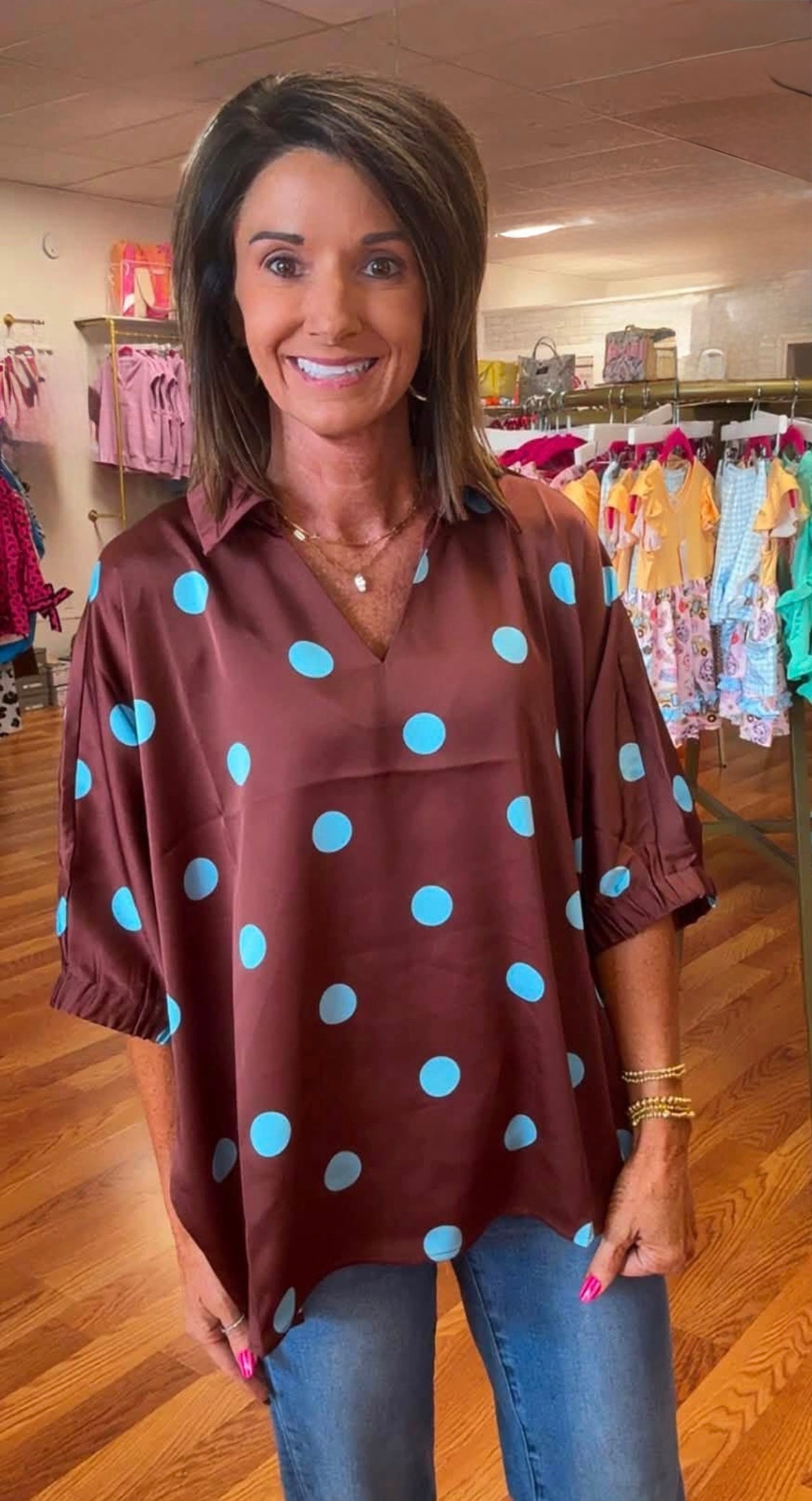 Brown satin top blue polka dots - restocked best seller
