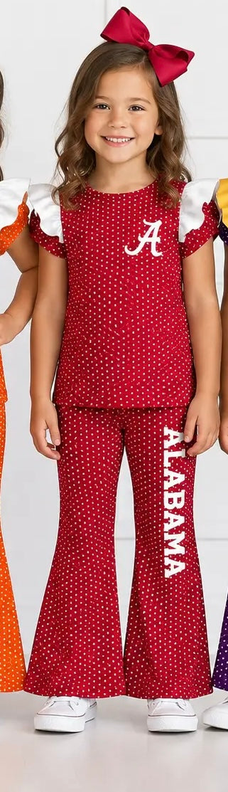Girls Game Day Polka Dot Ruffle Top & Flare Pant 2PCS Set-Alabama