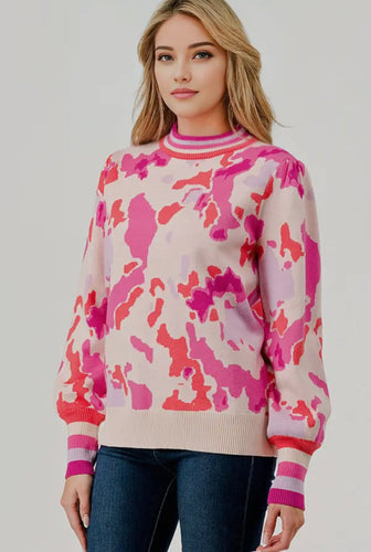 Abstract pink orange mock neck puff sleeve