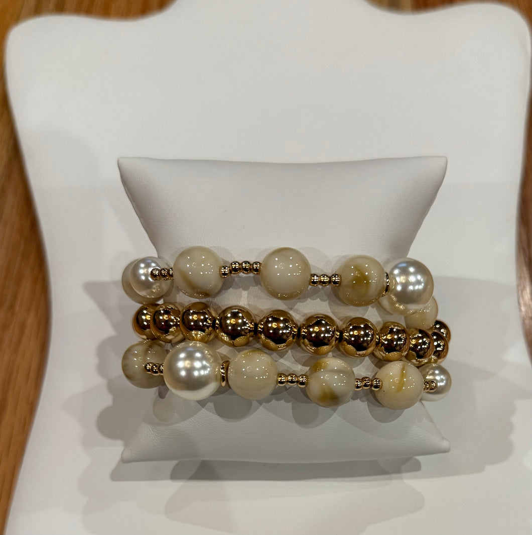 3-row pearl and marble bead bracelet set