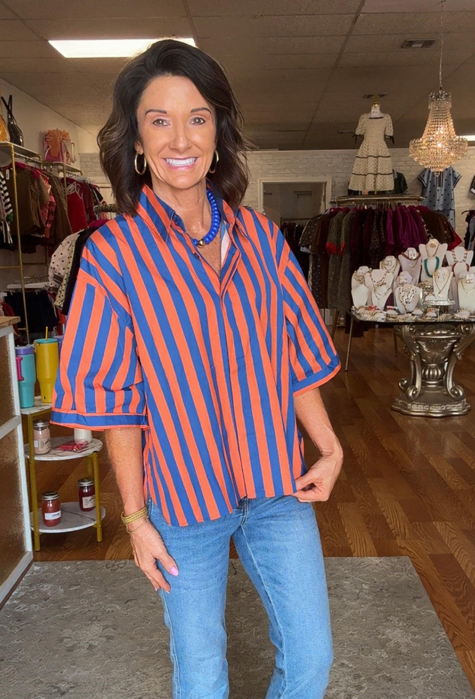 Orange and blue stripe button down top