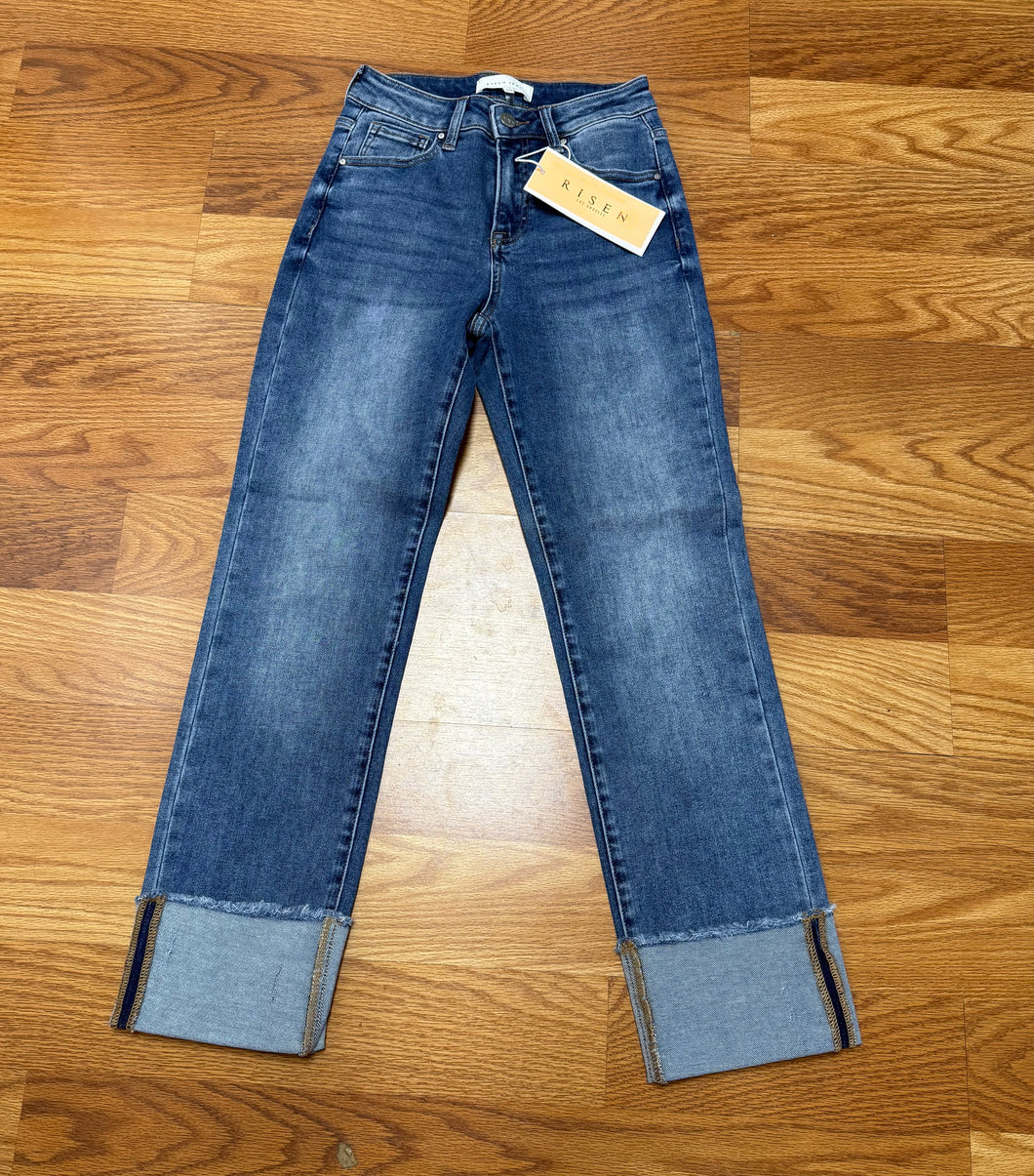 Risen jeans high rise straight cuff relaxed jeans