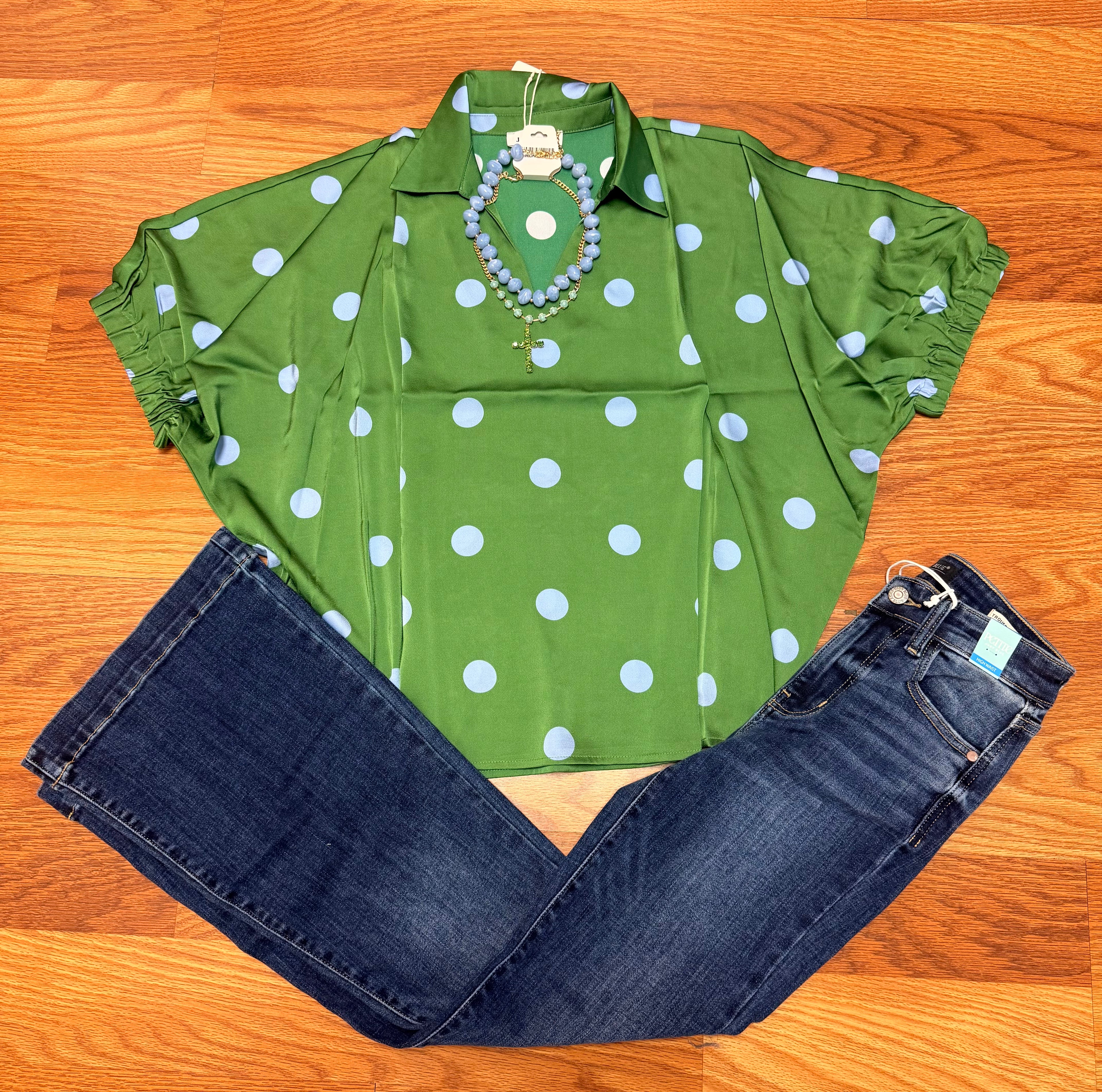 Green satin polka dot top