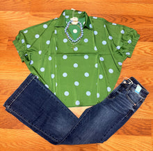 Green satin polka dot top