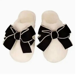 Cozy cream black bow slippers
