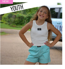 Youth lulu Mac aqua polka dot shorts