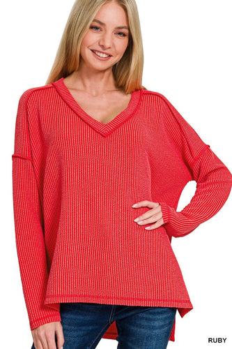 Red Corded Rib Long Sleeve Hi-low V Neck Top