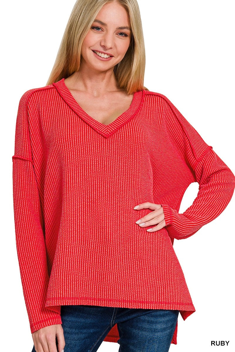 Red Corded Rib Long Sleeve Hi-low V Neck Top