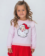 Girls Dear Santa Pink Gingham Applique Flutter Sweatshirt