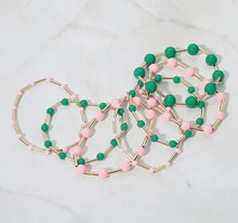 Green and pink 7PCS - Resin Ball Metal Bar Beaded Stretch Stackable Multi Layered Bracelets