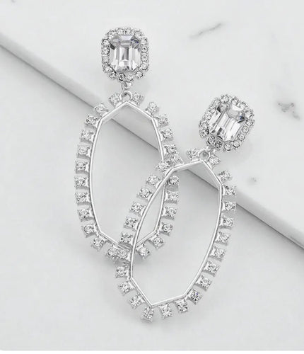 Silver emerald cut stone accented rhinestone earrings