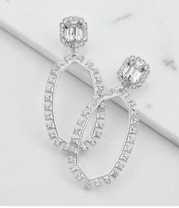 Silver emerald cut stone accented rhinestone earrings