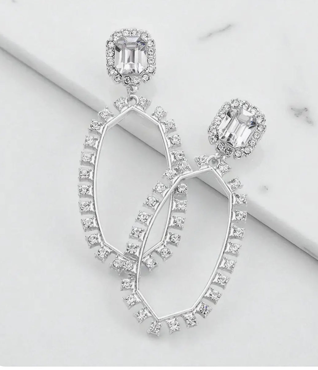 Silver emerald cut stone accented rhinestone earrings