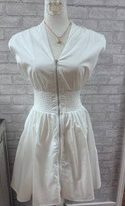 White DROP SHOULDER SMOCKED WAIST FRONT ZIP DRESS WITH SIDE POCKET