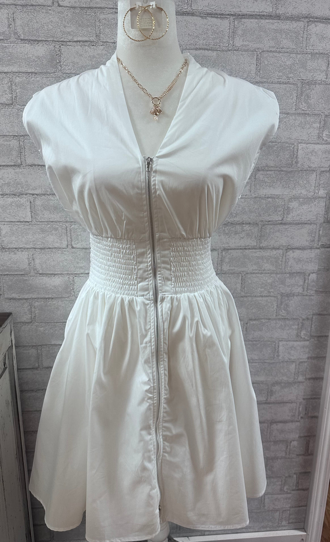 White DROP SHOULDER SMOCKED WAIST FRONT ZIP DRESS WITH SIDE POCKET