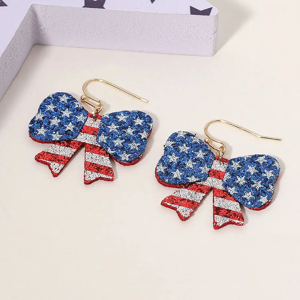 Glittered American USA Flag Bow Dangle Earrings