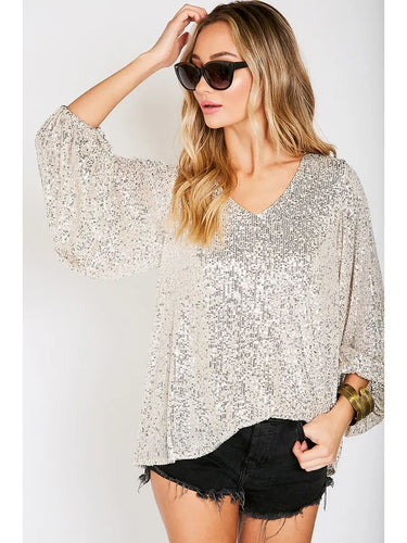 V-Neck Balloon Sleeves Sequin Blouse Top