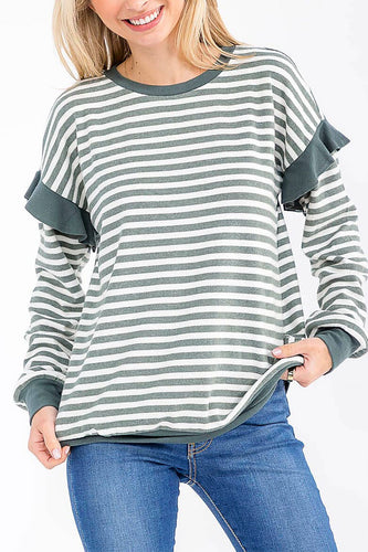 Green Contrast Ruffle Detail Stripe Top