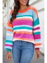 Multi-Striped Knit Drop Shoulder Puff Sleeve Sweater