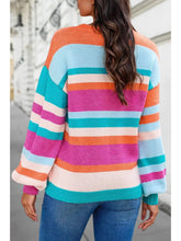 Multi-Striped Knit Drop Shoulder Puff Sleeve Sweater