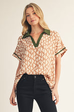 Taupe Contrast Accent Loose Fit Geo Print Top